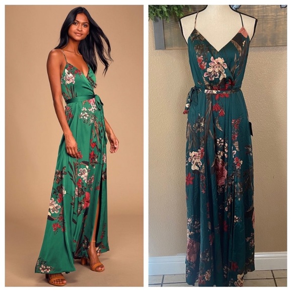 Lulus | Dresses | Nwot Lulus Still The One Emerald Green Floral Print Satin  Maxi Dress | Poshmark